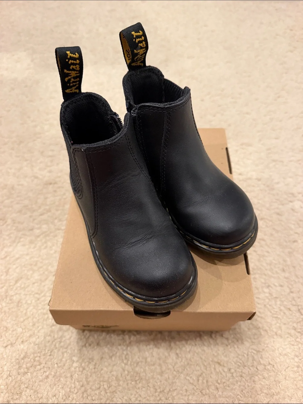 Dr. Martens Kids Black Chelsea Boots with Yellow Heel Loop